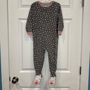 Carters Gray Pink White Polka Dot Fleece Footie Pajamas‎ Sleepsuit Kids 3T